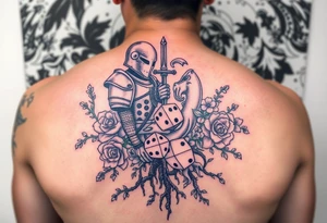 knight and squid intertwined with climbing roses and tree roots with cherry blossoms rolling dice tattoo idea