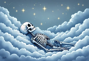 Tim Burton’s dreaming skeleton lies in a field of gray-blue clouds and faintly glowing stars. tattoo idea