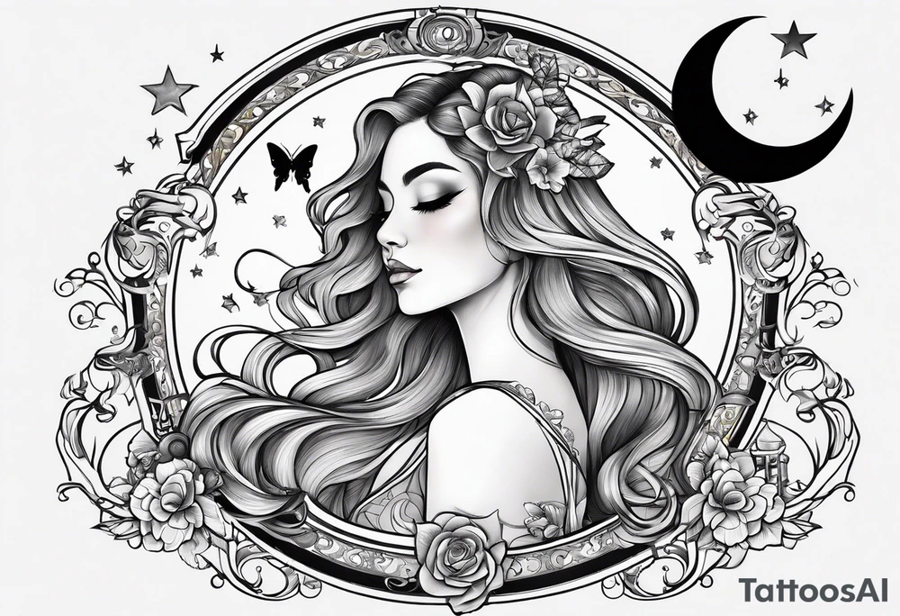 Beautiful woman with butterflies in her long wavy hair sitting on a half moon holding the libra scales with a moon and star background tattoo idea