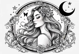 Beautiful woman with butterflies in her long wavy hair sitting on a half moon holding the libra scales with a moon and star background tattoo idea