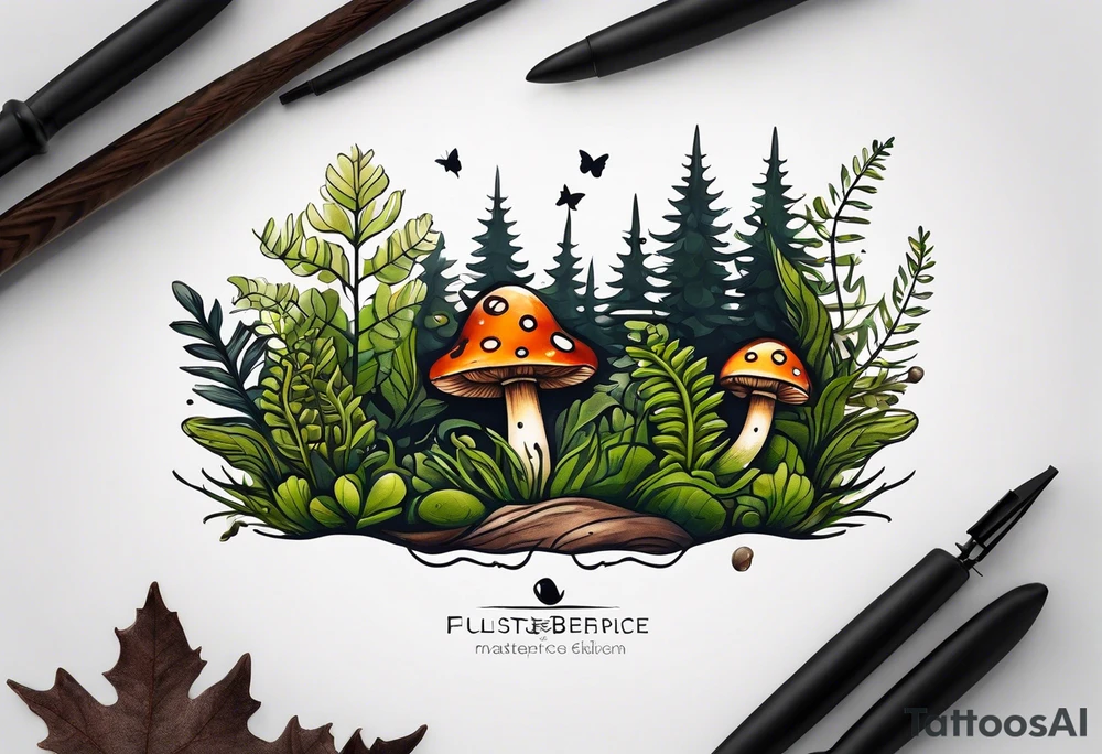 minimalistic forest floor inspired tattoo, which includes grass, moss, curly ferns and dead leaves as the bulk of the tattoo. details to include: forest berries, couple of very small brown mushrooms, a tiny bumblebee flying nearby tattoo idea