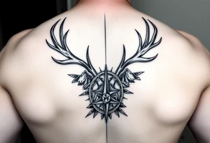 Long one line Spine tattoo 1 in wide by entire back long that goes vertically down your spine of elk and deer antlers intertwined , a compass, and mountains tattoo idea