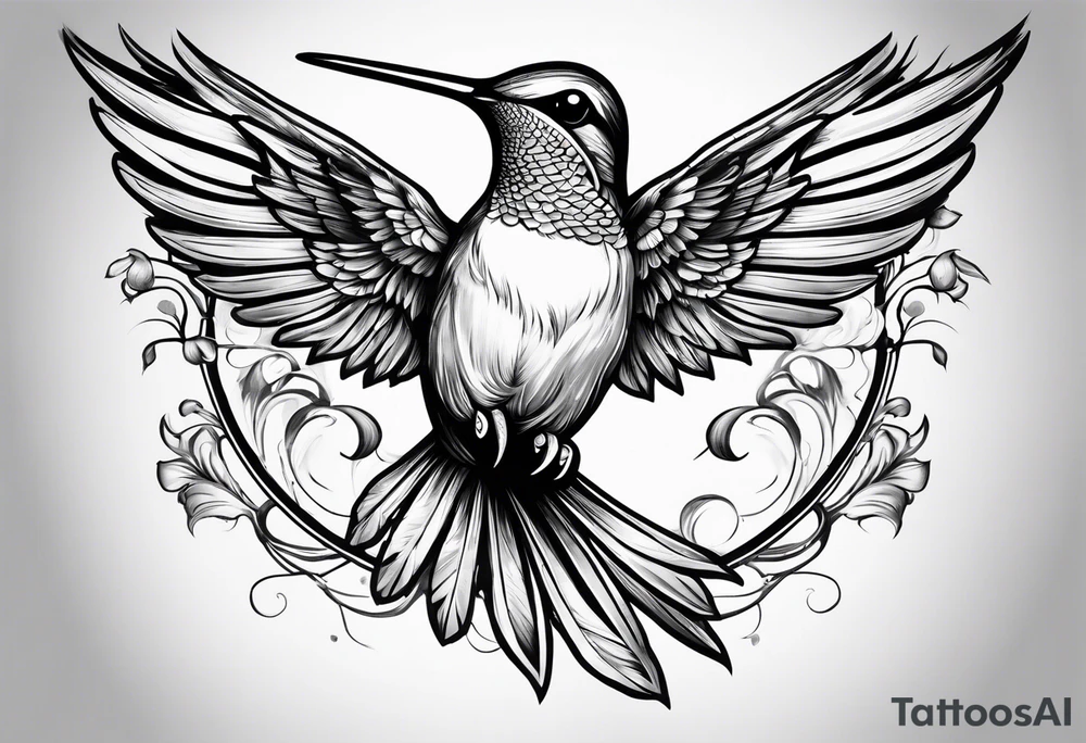 hummingbird with sad angel on swing coming out of tail feathers tattoo idea