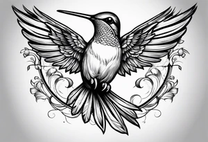 hummingbird with sad angel on swing coming out of tail feathers tattoo idea