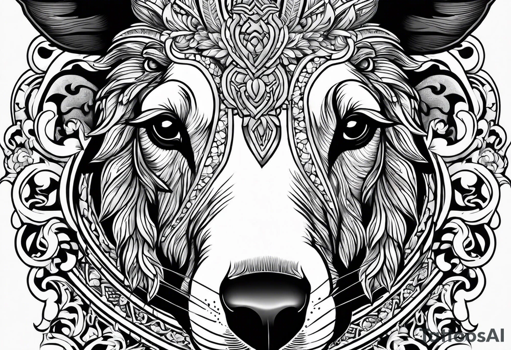 Muay Thai writing around a face of a sheep dog tattoo idea