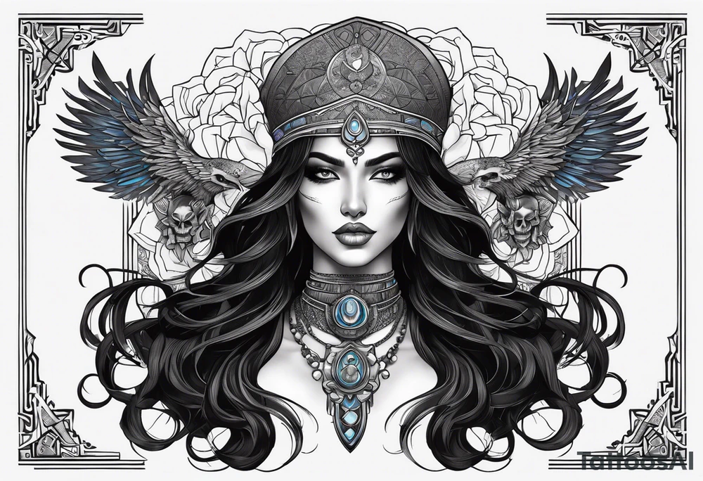 kali ma, alien goddess, valkrye, aries, pirate, divine feminine, zenza resonance, pachamama, lotus azul, blank panther, eagle, skull, 5D, nueva gaya, dna 12, left side chest tatoo tattoo idea