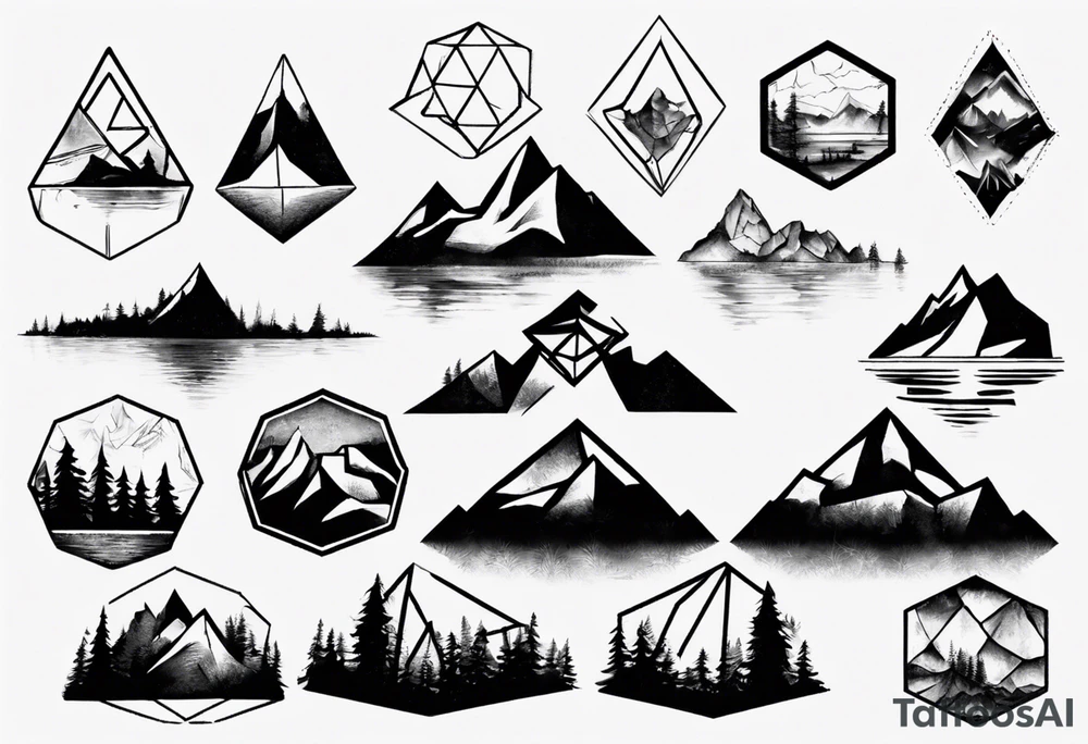 Mountain, forest and lake in a polygon tattoo idea