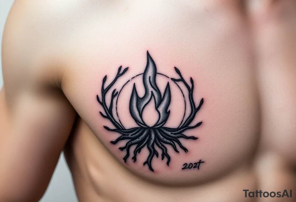 a round flame imprisoned in a roots circle tattoo idea