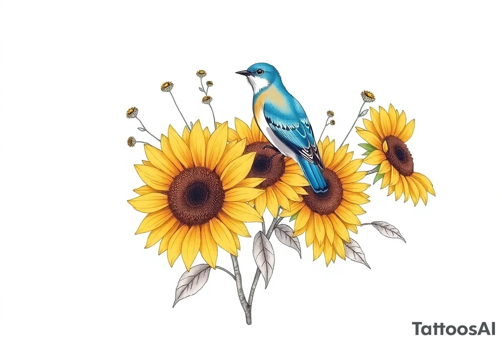 Sunflowers, bluebird, wild flowers tattoo idea