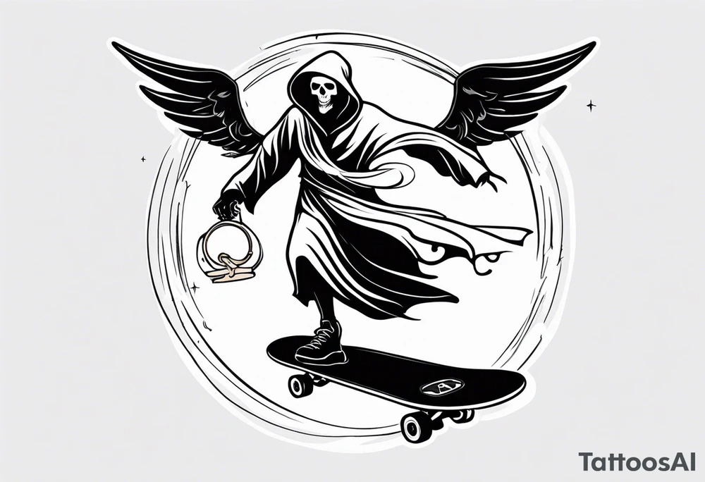 the grim reaper riding a skateboard with an angel halo above his head tattoo idea