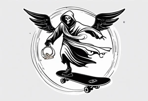 the grim reaper riding a skateboard with an angel halo above his head tattoo idea