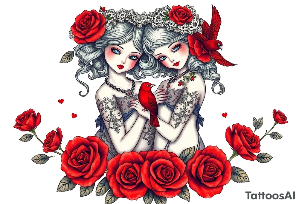Vintage dollies, red roses, lace, red bird, vintage, wrap around, tighter together, no space open, no woman tattoo idea