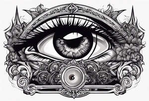 In the reflection of a eye two people holding guns one man dead on the ground with a wounded woman standing behind him tattoo idea
