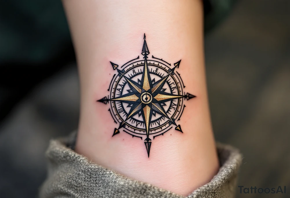 A monochrome compass with gold highlights points toward the path of freedom and adventure. tattoo idea