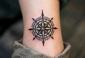 A monochrome compass with gold highlights points toward the path of freedom and adventure. tattoo idea