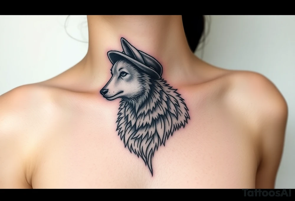Wolf wearing a sheep like a costume with the sheep's head shapes to a hat tattoo idea