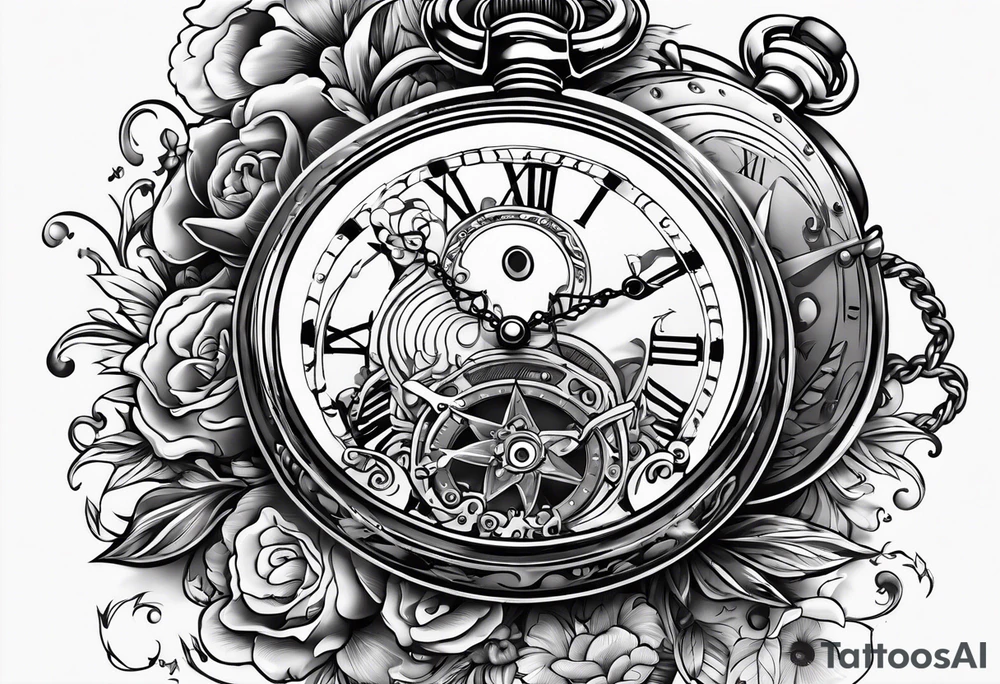 Old school pocket watch exploded showing inner mechanism tattoo idea