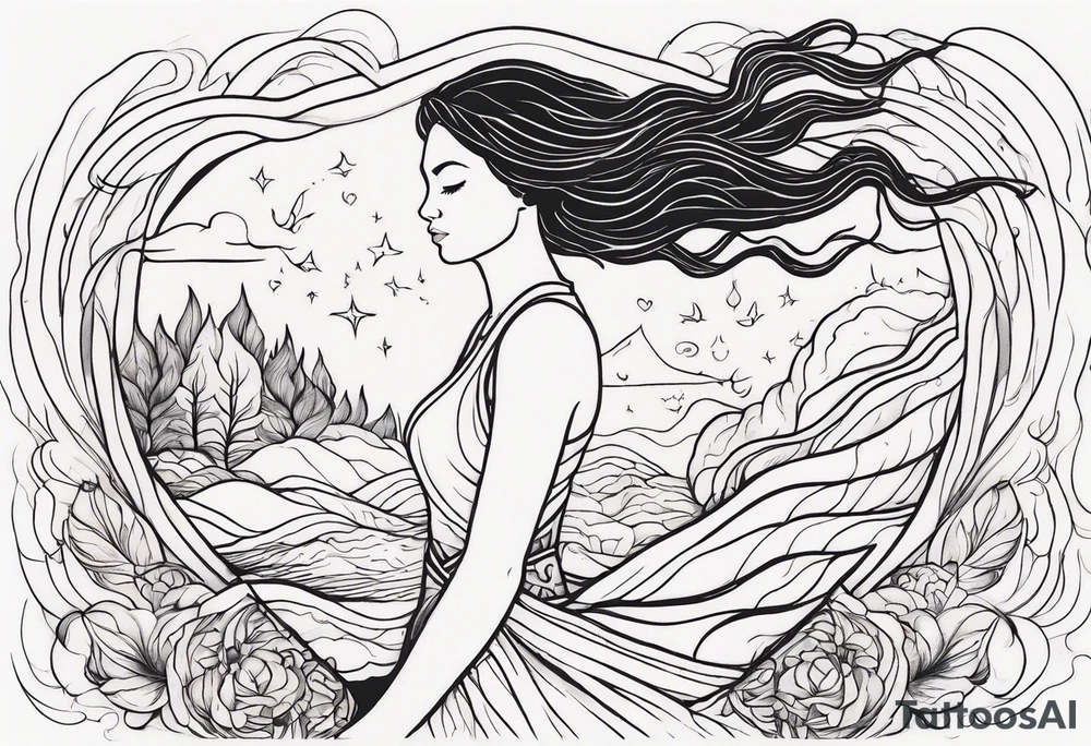 Resurrection strength and courage Beautiful Woman walking through fire and chaos to inner peace and self-love  ethereal tattoo idea