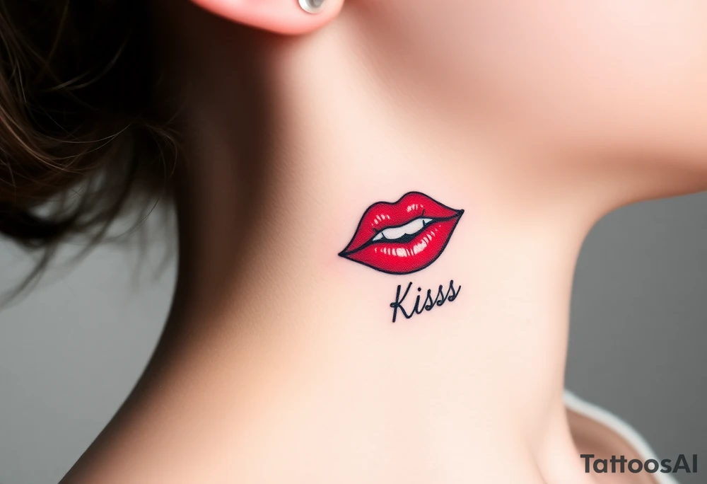 Neck tattoo of lips on the right side, puckered or slightly parted, with the word "Kiss" in a cursive or sleek font below or beside it. Style can be realistic or minimalist, with red or black ink for a bold, elegant look. tattoo idea