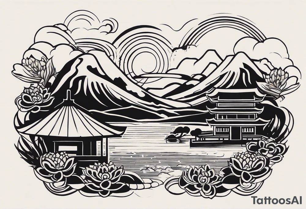 A black Vietnamese tattoo design featuring intricate depictions of sacred animals like the dragon and turtle intertwined with majestic mountains and lush rice fields. Incorporate iconic elements such as the conical straw hat floating above, surrounded by blooming lotus flowers and traditional silk lanterns. The tattoo reflects the essence of Vietnam's breathtaking nature, with swirling mist and flowing water elements woven into the composition, merging traditional artistry with a modern flair. Use a color palette that evokes the lush greens of the countryside and the warm tones of sunset. tattoo idea
