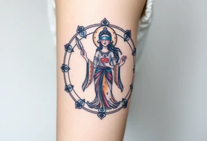 A blindfolded goddess standing in the center of a cosmic circle, with one hand holding a feather and the other a heart, symbolizing fairness in karma. tattoo idea