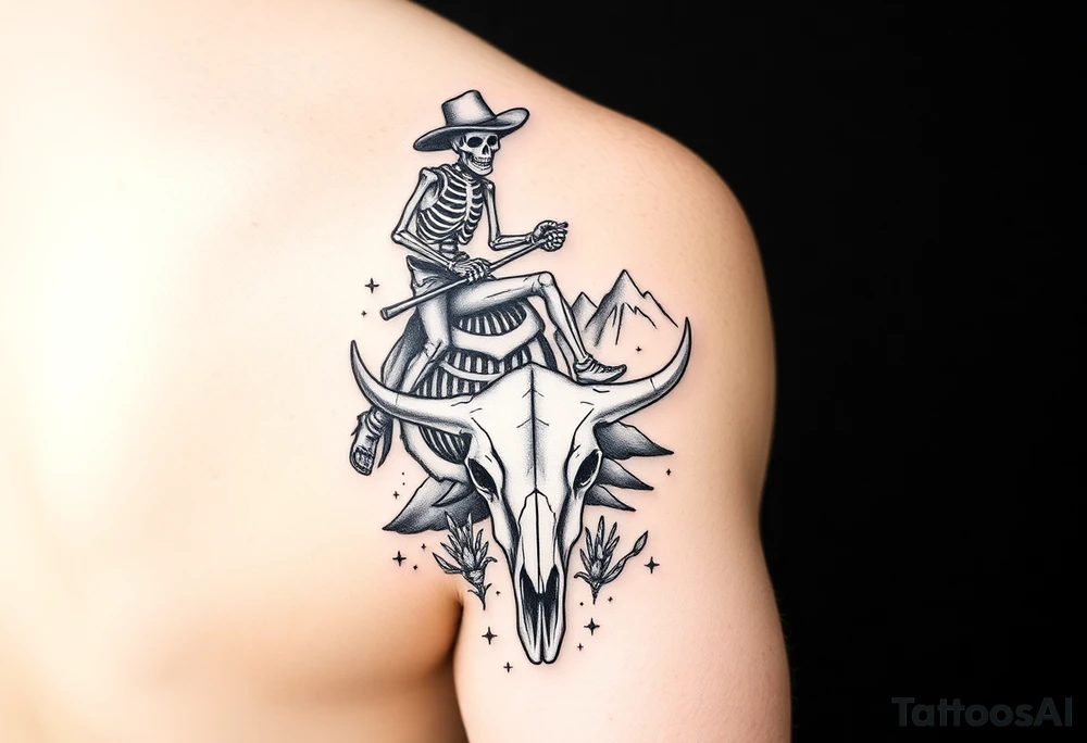cowboy skeleton riding the horse skeleton on Porter’s bicep, sized to fill most of the outer bicep. The mountain/longhorn skull design can wrap over the shoulder cap so the longhorn skull sits below the mountains, tying into the bicep piece. I’ll blend them with traditional-style filler (stars, dots, and desert plants) so it reads as one cohesive upper-arm half sleeve rather than separate tattoos. tattoo idea
