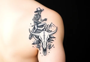 cowboy skeleton riding the horse skeleton on Porter’s bicep, sized to fill most of the outer bicep. The mountain/longhorn skull design can wrap over the shoulder cap so the longhorn skull sits below the mountains, tying into the bicep piece. I’ll blend them with traditional-style filler (stars, dots, and desert plants) so it reads as one cohesive upper-arm half sleeve rather than separate tattoos. tattoo idea