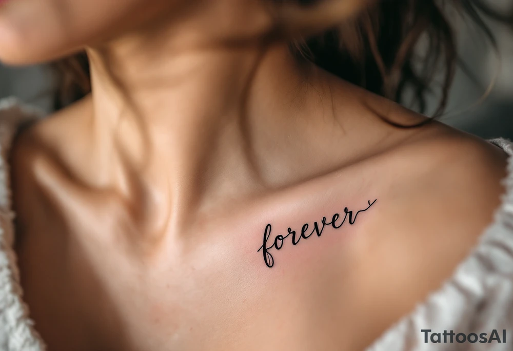 A minimalistic "forever" in delicate black ink across the collarbone, like a hidden promise. tattoo idea
