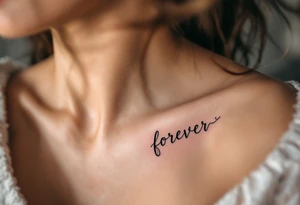 A minimalistic "forever" in delicate black ink across the collarbone, like a hidden promise. tattoo idea