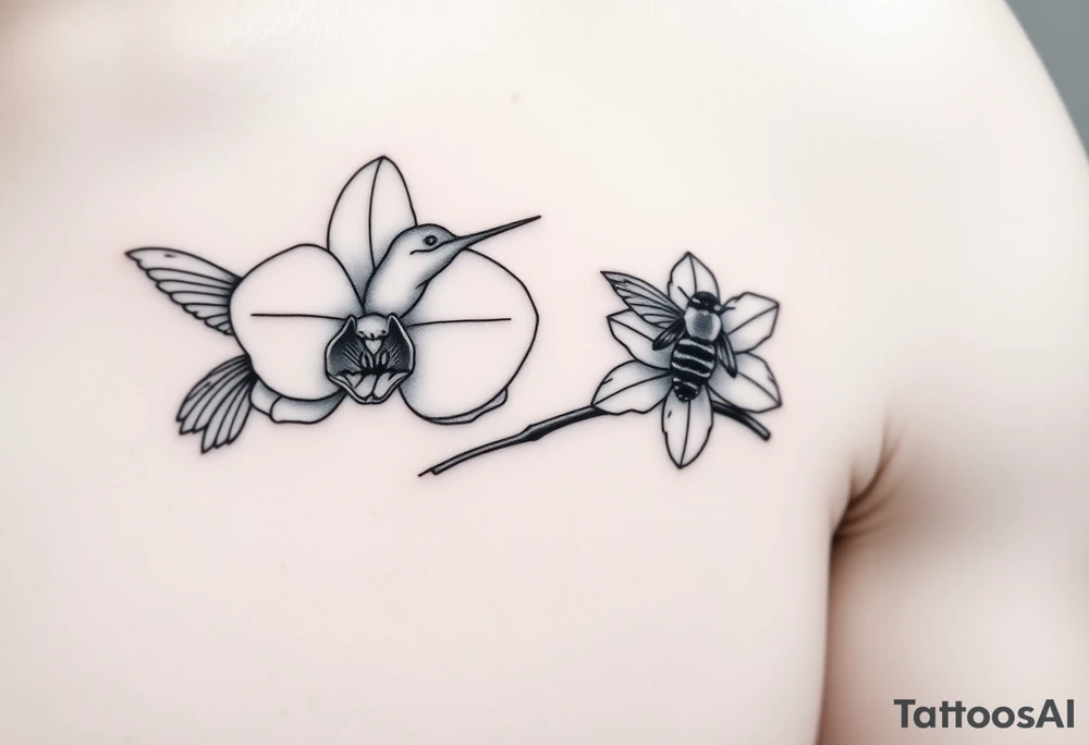 A delicate, black and white fine-line tattoo for male, featuring gracefully detailed 2 orchids in full bloom including their stems, with soft, intricate petals and elegant curves. Beside it, a hummingbird hovers mid-flight, its wings drawn with subtle motion lines, its slender beak reaching toward the orchid’s center to drink its nectar. on the other flower there is a bee that is resting tattoo idea