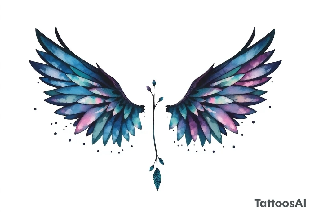 A minimalist wings tattoo that represents a shattered and betrayed gemini woman who fought hard throughout this year. With colors blue and black. Make it unique and rare. Without leaves and stem. tattoo idea