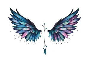 A minimalist wings tattoo that represents a shattered and betrayed gemini woman who fought hard throughout this year. With colors blue and black. Make it unique and rare. Without leaves and stem. tattoo idea