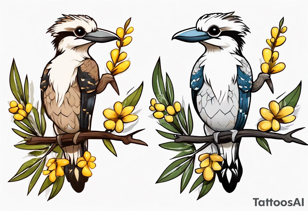 Small kookaburra holding wattle leaves tattoo idea