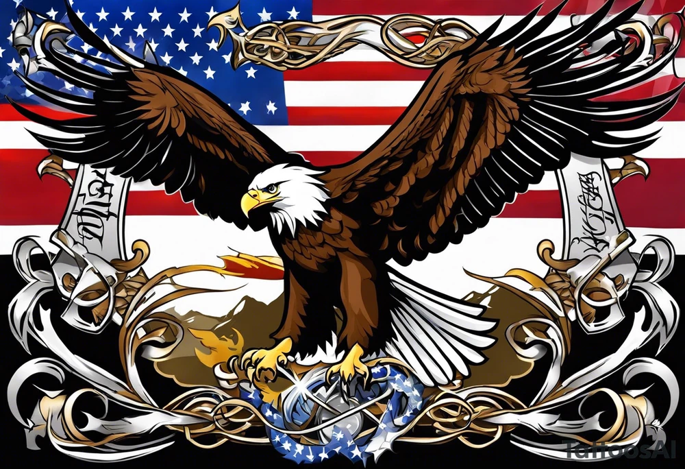 tattoo featuring an American eagle, 

add the words "Death Before Dishonor" on a scroll or something, add a sword or knife 

bottom left is closest, background filling not needed. 

use the Eagle style face of the bottom right

left hand side drawings are great, add a in the Eagles talons, remove background tattoo idea