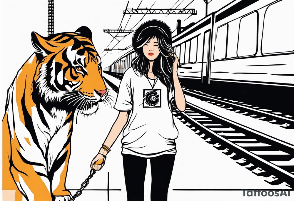 Bells cracking train track in the middle with a girl wearing tiger mask tattoo idea
