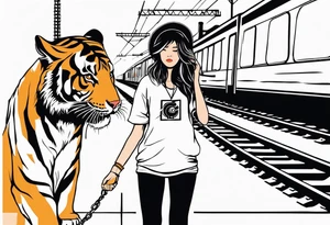Bells cracking train track in the middle with a girl wearing tiger mask tattoo idea