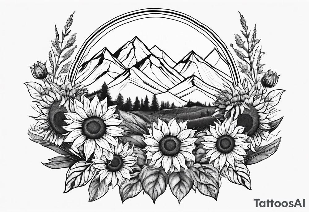Sunflowers, wild flowers, mountains, sun tattoo idea
