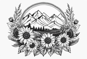 Sunflowers, wild flowers, mountains, sun tattoo idea