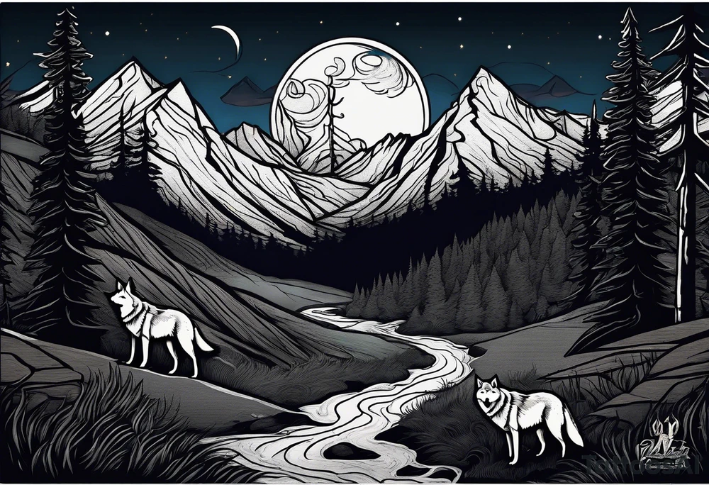 Half sleeve
Peaks of mountains with a moon behind it
Dark woods below the mountains with a narrow trail with two wolves on bottom of the trails tattoo idea