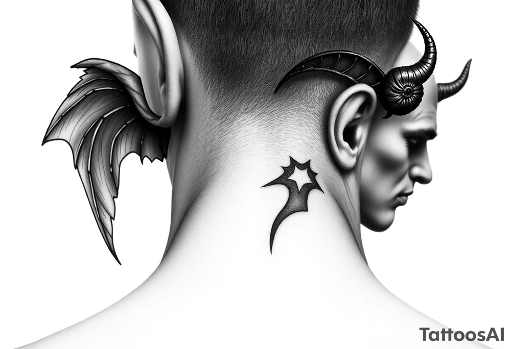 position behind the neck Angel (on the right) whispering in the right ear, demon (on the left) whispering in the left ear tattoo idea