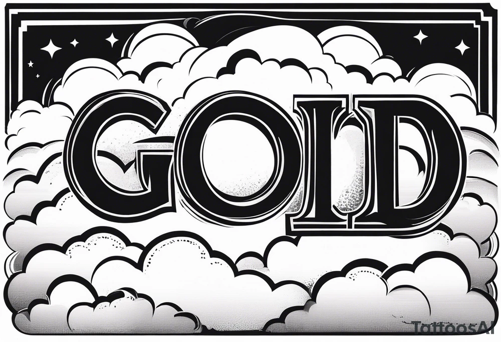 The word God in a biblical text. Clouds behind it tattoo idea