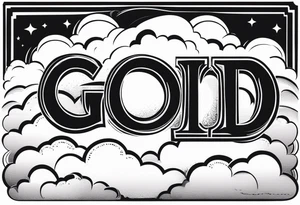 The word God in a biblical text. Clouds behind it tattoo idea