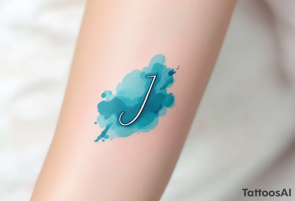 Minimalist thin-line "J" in crisp black, floating above a soft watercolor teal splash. tattoo idea