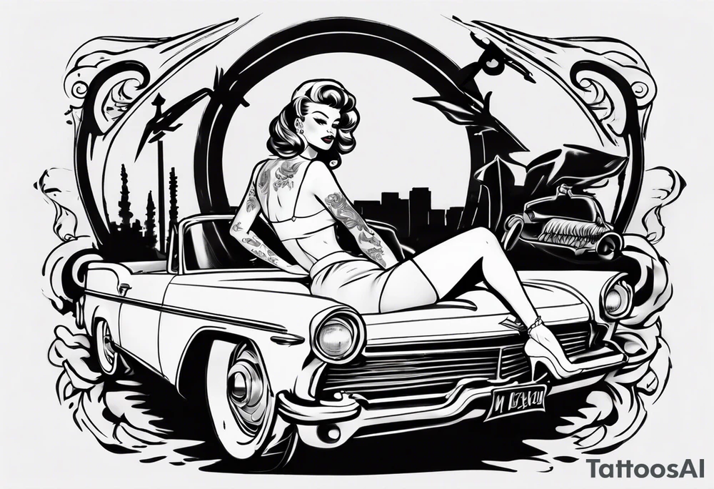 pinup doll on the hood of a classic vintage car tattoo idea