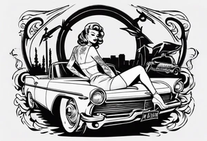 pinup doll on the hood of a classic vintage car tattoo idea