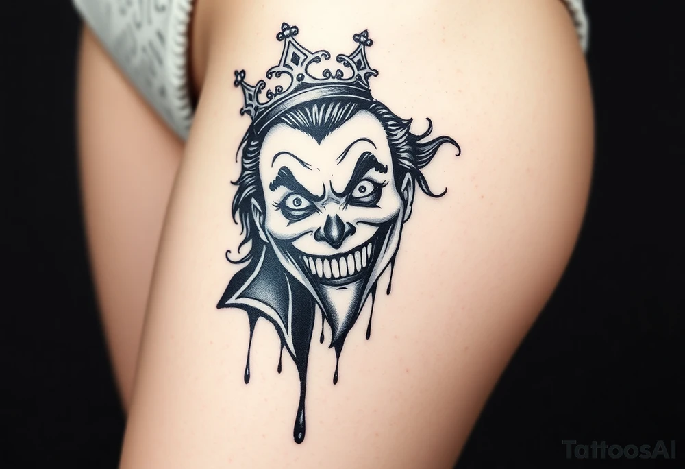 Mouthless joker with crown, dripping tattoo idea