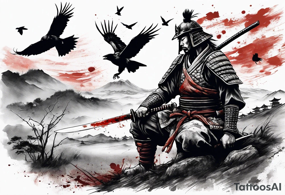 A tired samurai wounded from battle holding his helmet in one hand and in the other hand his sword with a mixture of blood and dirt, wearing his dirty armour he is steeping above some body's from the battle in open field and looking vaguely ylto the horizon while crows are flyting above him and the corpses tattoo idea