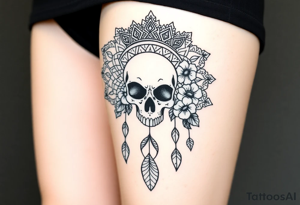 Mandala dream catcher lace with delicate skull and flowers wearing elegant crown tattoo idea