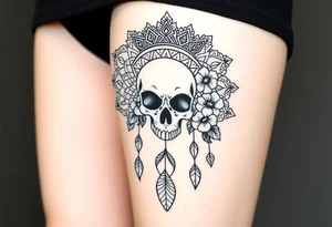Mandala dream catcher lace with delicate skull and flowers wearing elegant crown tattoo idea