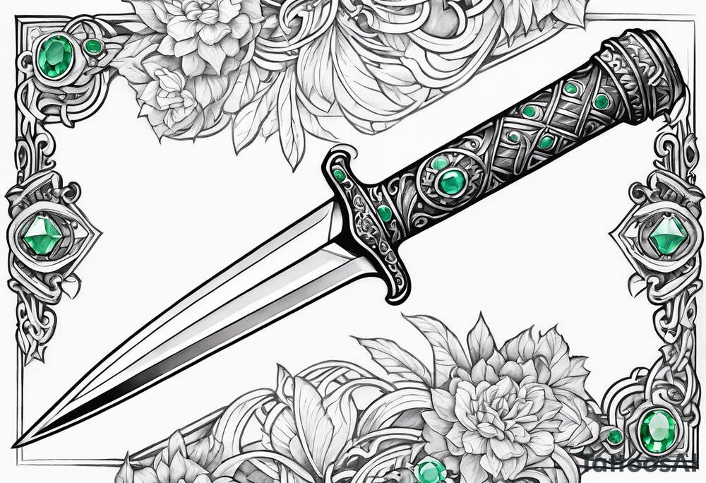 An athame dagger with the hilt turned upward and emerald gemstones on the hilt tattoo idea